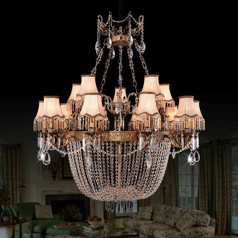 Villa Large Retro Bronze Chandelier Crystal Chandeliers lustre hotel Pure Copper lamp lampshade cristal Lustres E Pendentes Sala | Лампы и