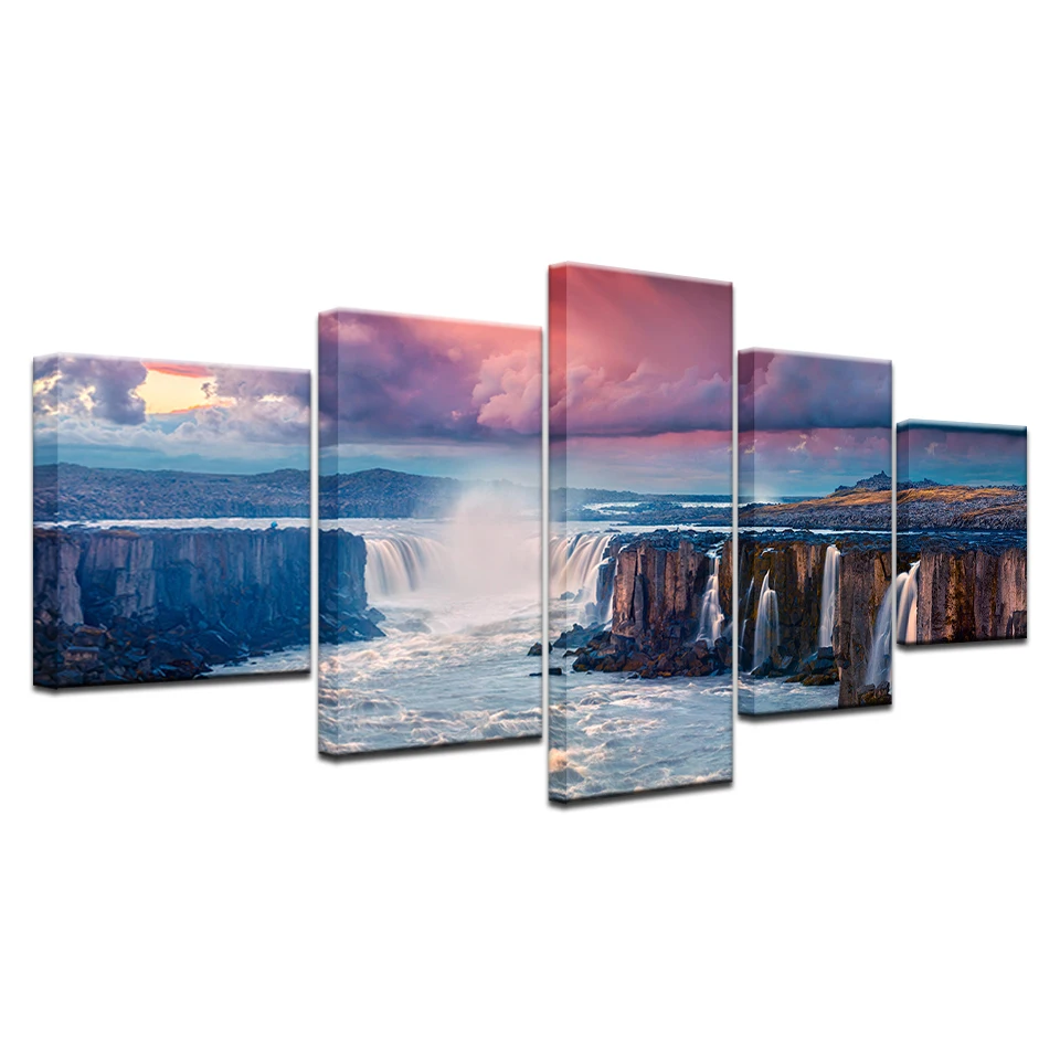 

Canvas Painting Wall Art Living Room Decor 5 Piece Sunshine Waterfall Lake Natural Landscape Poster HD Prints Pictures Framework