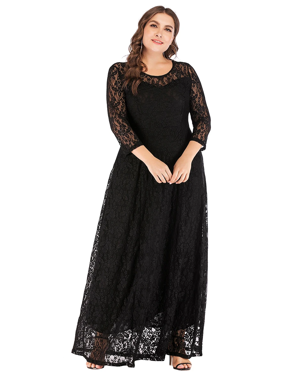 luxury wedding party dresses Women Ladies 4xl 5xl 6xl Plus Size 3/4 Sleeve Lace floral hollow out Long Dress solid color Dresses