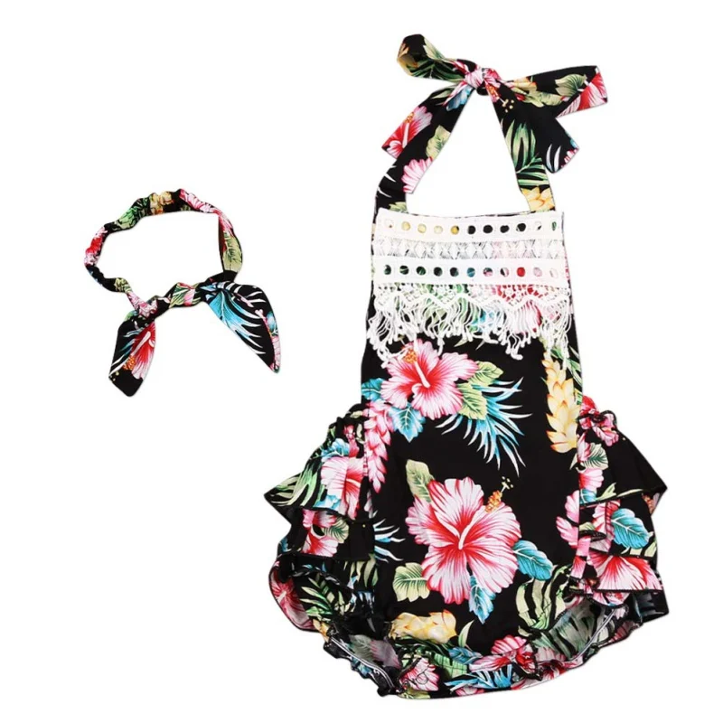 Летние Детские Спортивный костюм для девочек цветочный Кружево Ползунки с