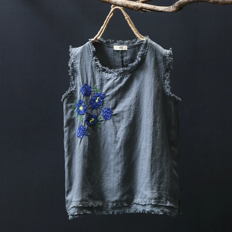 Льняная жилетка с цветочной вышивкой Женская майка без рукавов тонкая льняная