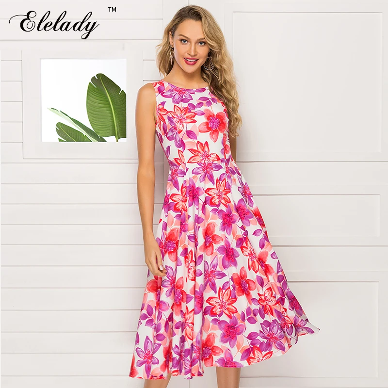 Southpire Women Sleeveless Midi Dress 2020 Spring Summer Fashion Floral Printed A line Elegant Casual Dress| |