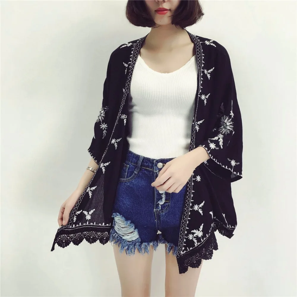 Женское кимоно с вышивкой TingYiLi повседневный свободный винтажный кардиган белого