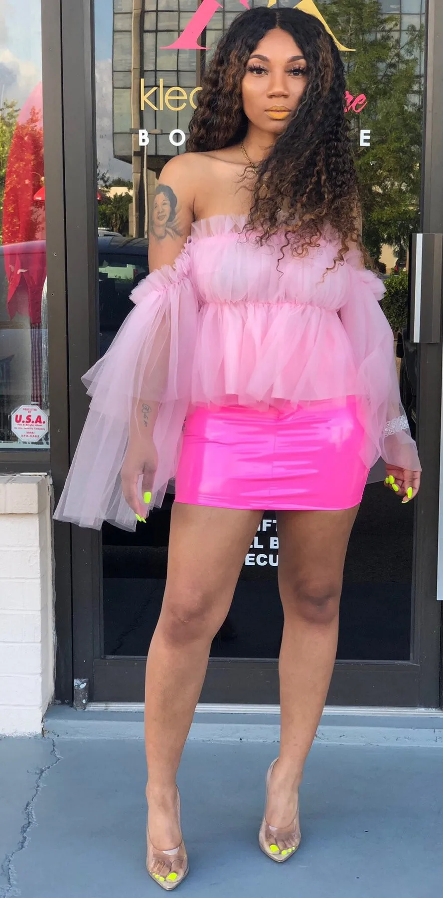 Pink ANJAMANOR Sexy Elegant Mesh Shirt 2 Layer Ruffle Off Shoulder Long Sleeve Plus Size Womens Tops and Blouses Holiday D48-AZ43 - Color: Pink