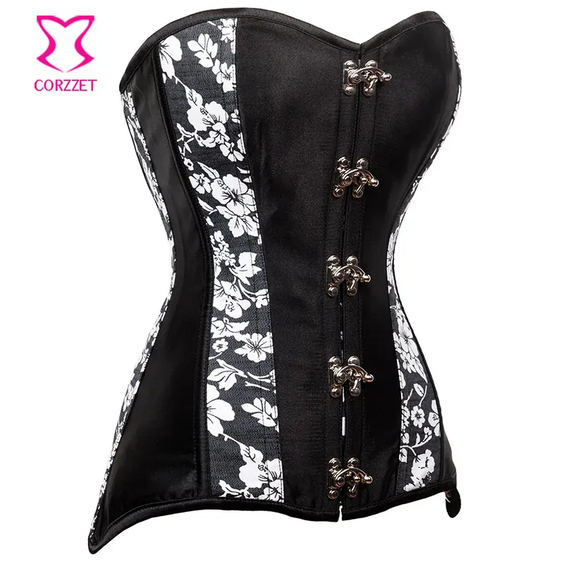Sexy Black Satin White Floral Print Burlesque Women Long Denim Corset Jeans Gothic Clothes BodyShaper Waist Trainer Corsets | Женская