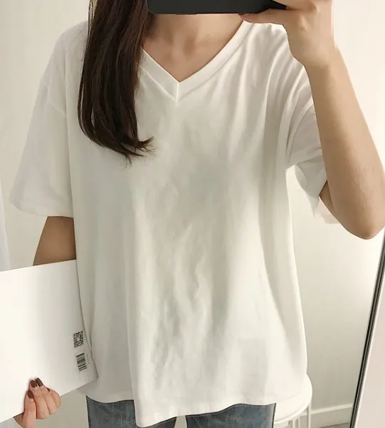 v neck white 6 цветов, лето, v-образный вырез, сплошной цвет, базовый корейский стиль, винтажный стиль, футболки с коротким рукавом, женские топы, женская футболка(R960 - Цвет: v neck white