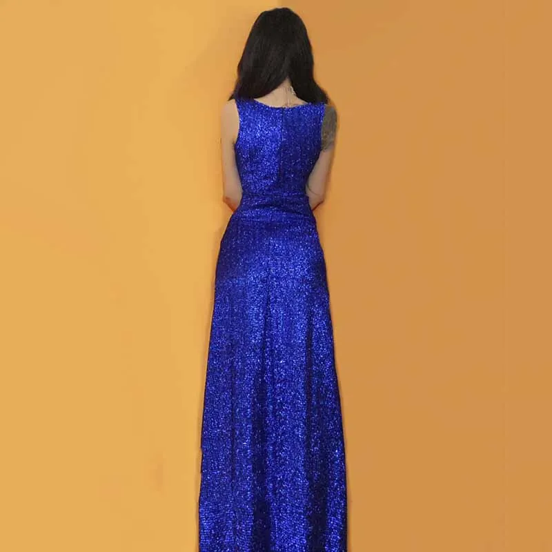 

New Bar DSDJ Female Singer Costume GOGO Show Stage Dress Sexy Playful Bright Silk Jazz Sapphire Blue Jumpsuit Dress DQ11284