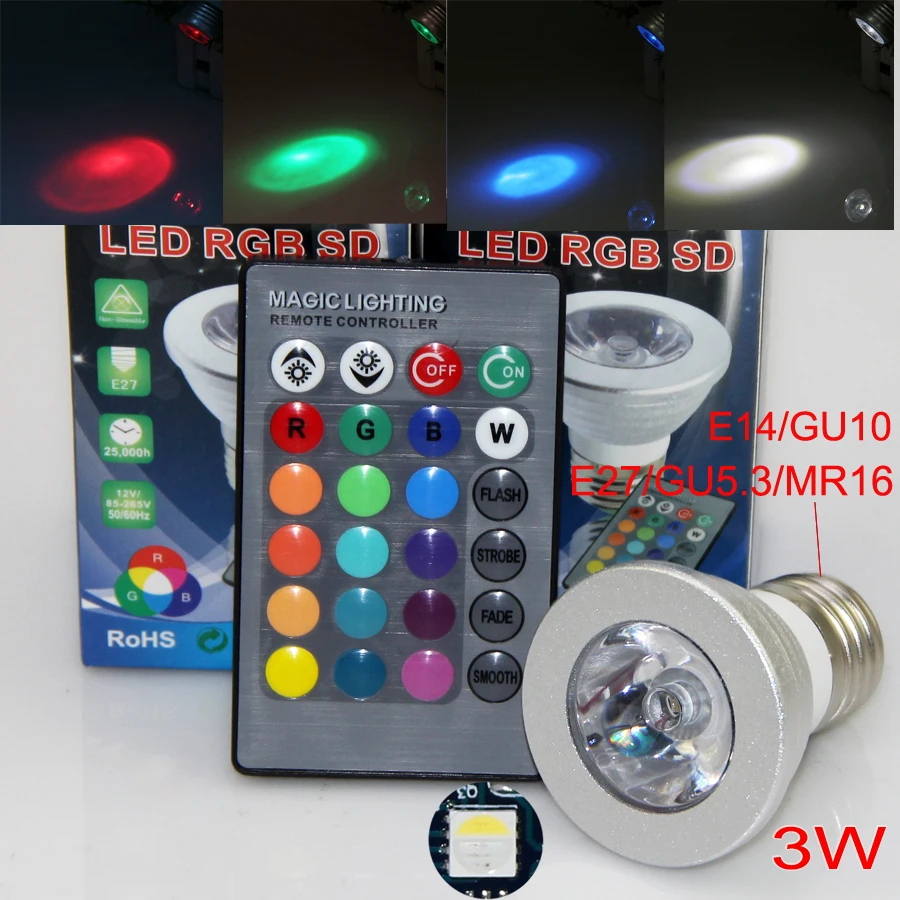 10 шт./лот 3 Вт RGB RGBW Светодиодная лампа E27 E14 GU10 GU5.3 MR16 85-265 в разноцветная KTV бар