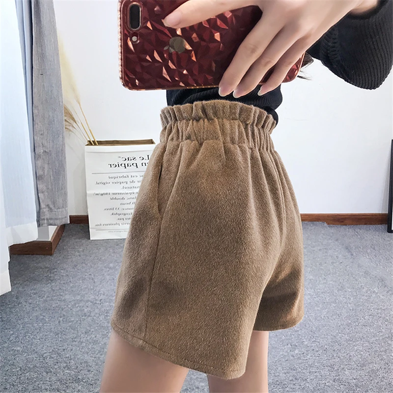 

OllyMurs New Elastic High Waist Shorts Imitation Mink Cashmere Women Loose Wide Leg Short Pants Autumn Winter Casual short femme