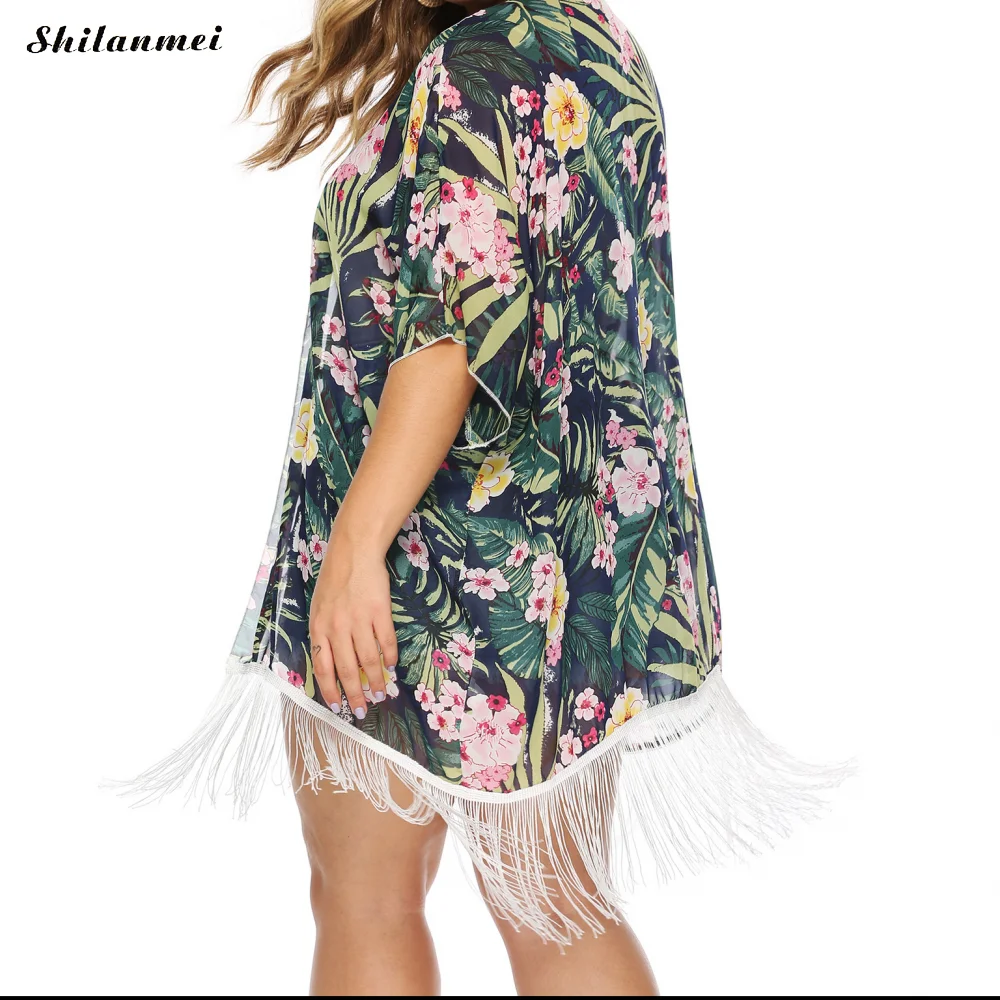 Casual Women Summer Blouses Chiffon Tassels Swimming Cover Ups Printed Floral Green Bohemia Boho Fashion Pull Femme Tops Shirt |