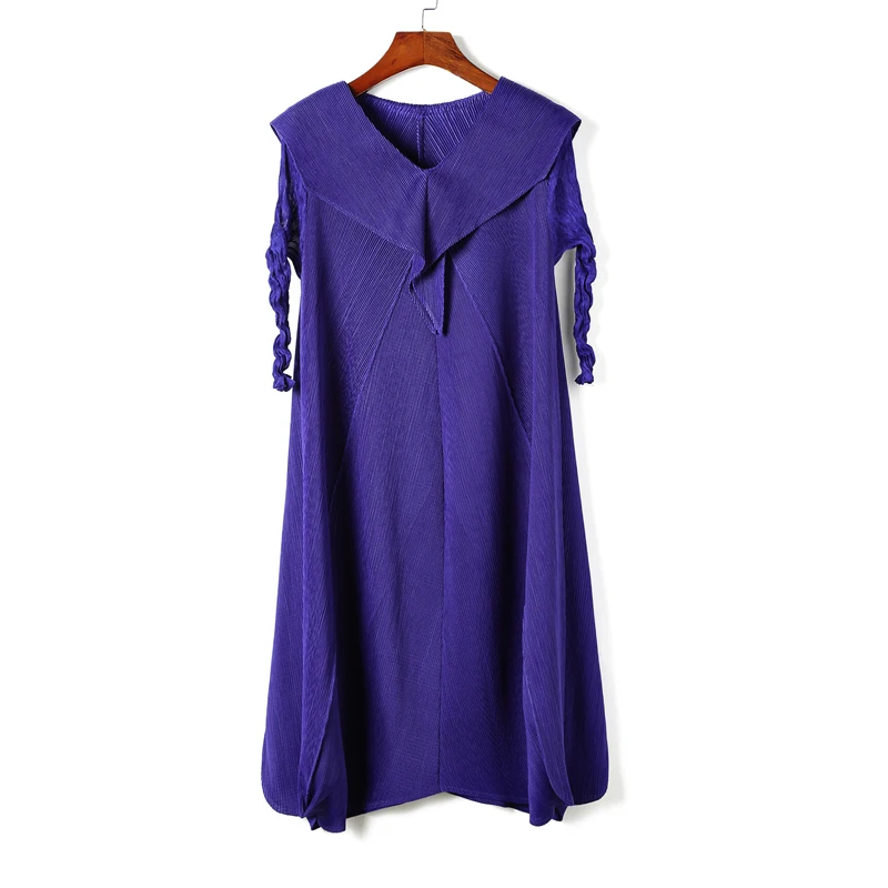 Blue Changpleat весна лето однотонные женские платья miяк плиссированный модный дизайн v-образный вырез большой размер эластичное женское платье Tide D9880 - Цвет: Blue