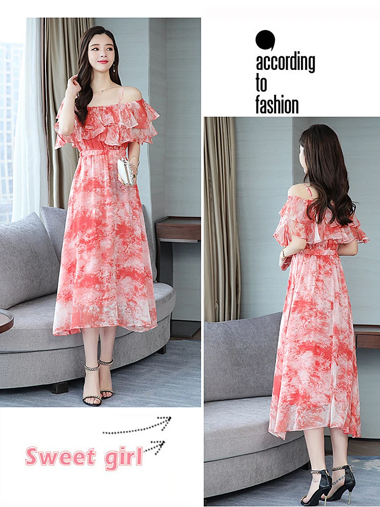 Шифоновое платье на подтяжках для женщин Новинка лета 2019 с эластичной резинкой