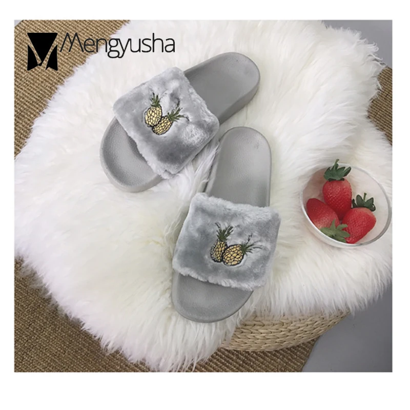 Тропические Очаровательные летние меховые слипоны женские тапочки с вышивкой в
