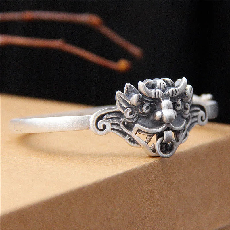 Pure Silver Jewelry Ancient Gods and Beasts Head Auxiliary Bracelet Nu Retro-archaic 990 Pepper Picture Dumpling | Украшения и