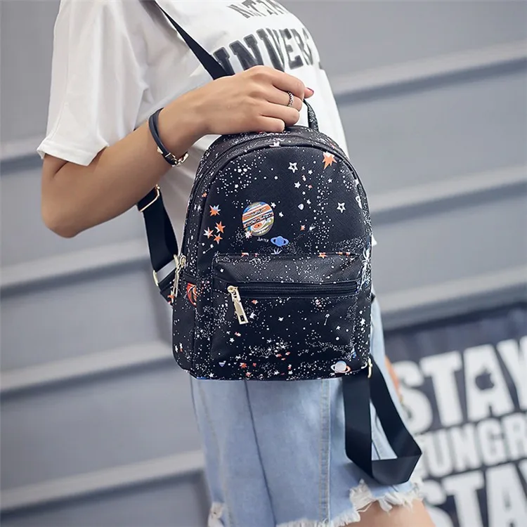 Модный женский кожаный рюкзак Mochila Escolar с принтом звездной Вселенной, школьные сумки черного цвета для девочек-подростков, маленький рюкзак