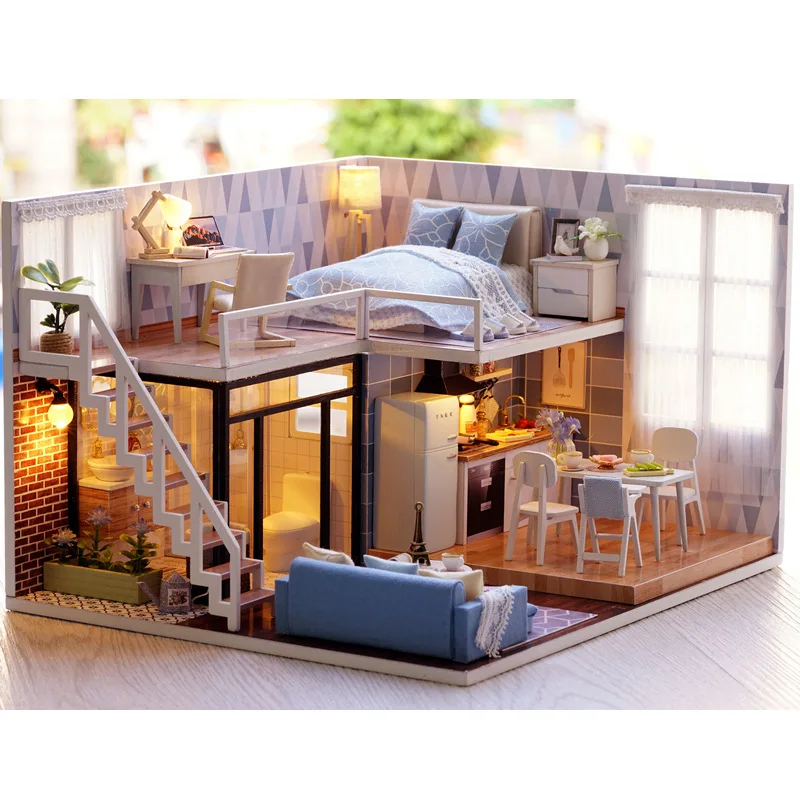 Кукольный домик Blue Time с мебелью музыкальная Обложка миниатюрная DIY House украшения модель подарок украшения Управление способности детей друг