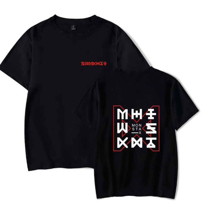 K-POP MONSTA X альбом SHINE FOREVER печатная Футболка Повседневная хлопковая с круглым вырезом с коротким рукавом топы Kpop Harajuku футболка Femme - Цвет: black