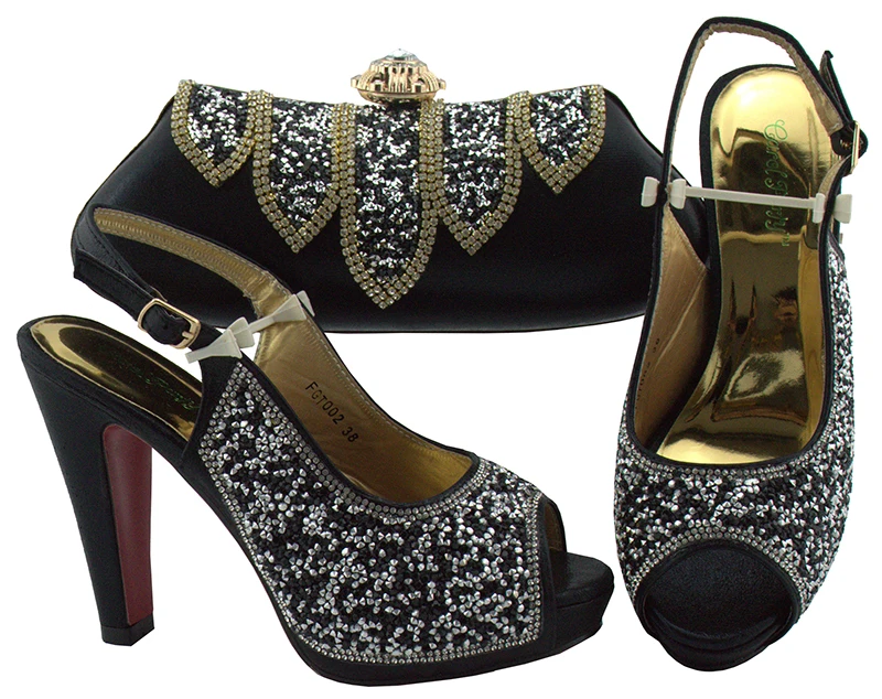 Black shining crystal Italian shoes with matching bag lady and rhinestone African set for party | Обувь