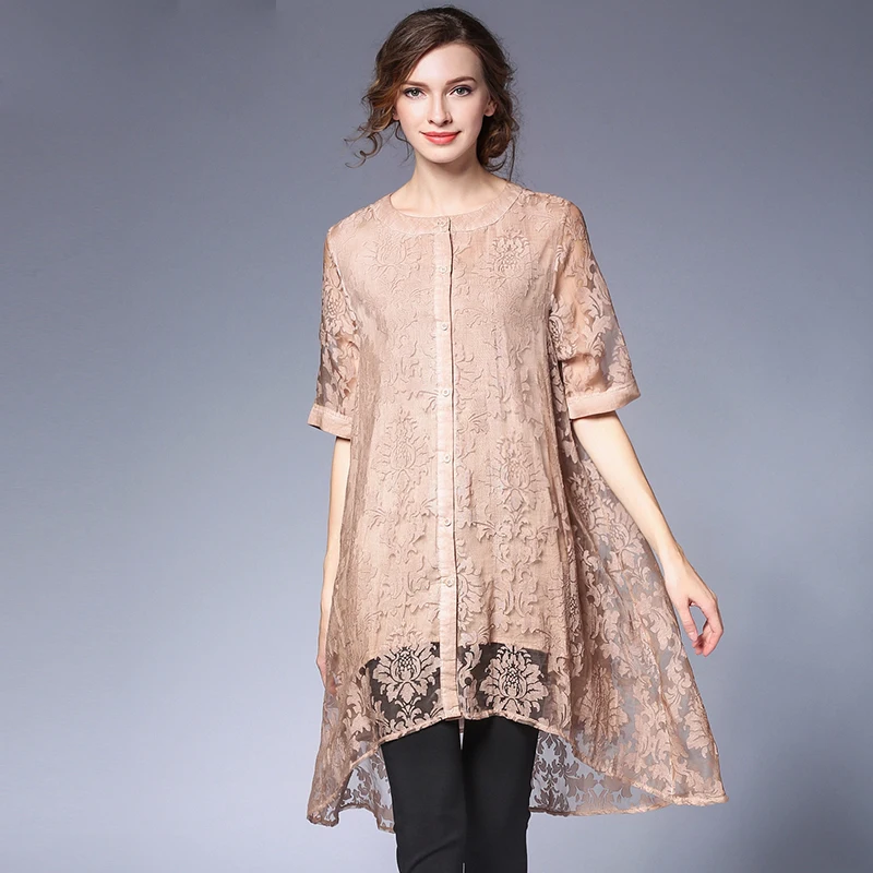 2017 Летняя мода Женщины Цветочный длинная блуза Большие размеры Полые Цветы Кофта