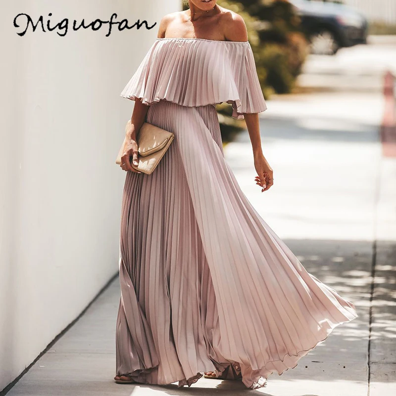 Light Pink Miguofan шифоновые летние платья с открытыми плечами, женское Плиссированное длинное платье с оборками, розовое элегантное свободное праздничное пляжное платье для женщин - Цвет: Light Pink