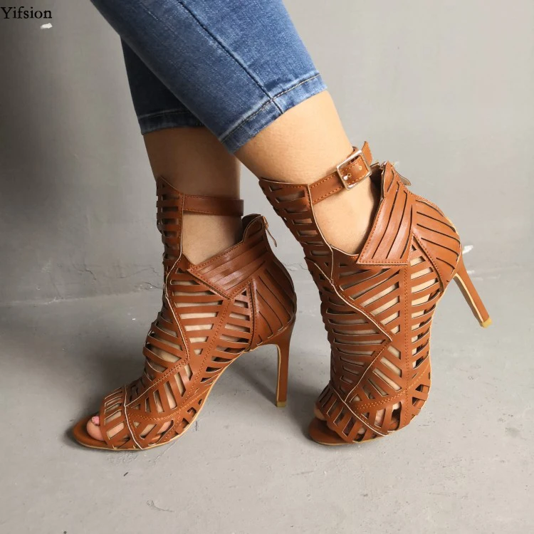 

Olomm New Women Gladiator Cut Out Sandals Thin High Heels Sandals Peep Toe Red White Brown Dress Shoes Women US Plus Size 5-15