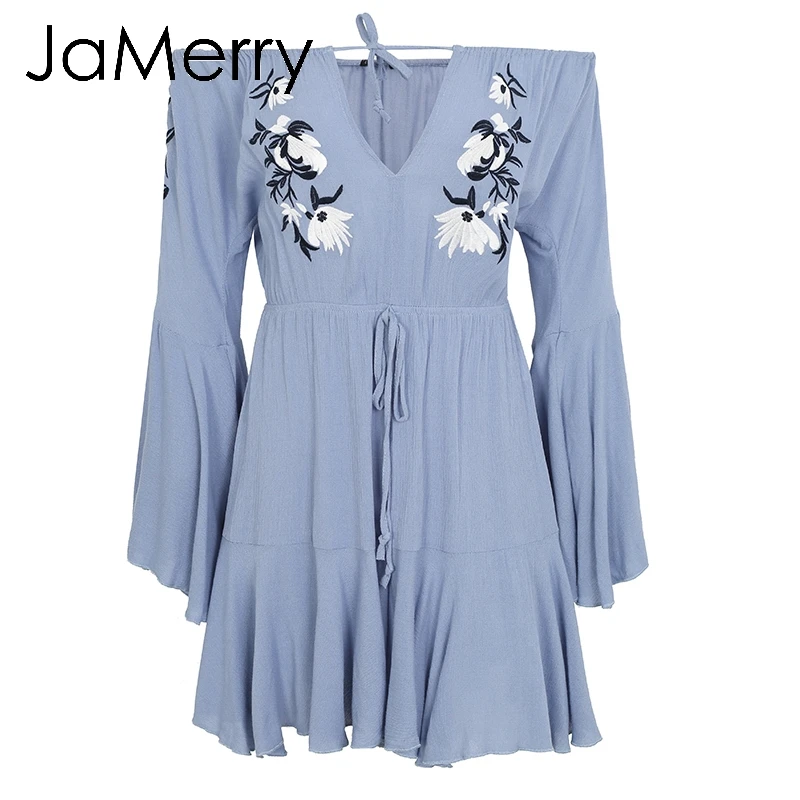 JaMerry Boho Сексуальная с плеча вышивка комбинезон Женщины Flare рукавом рюшами