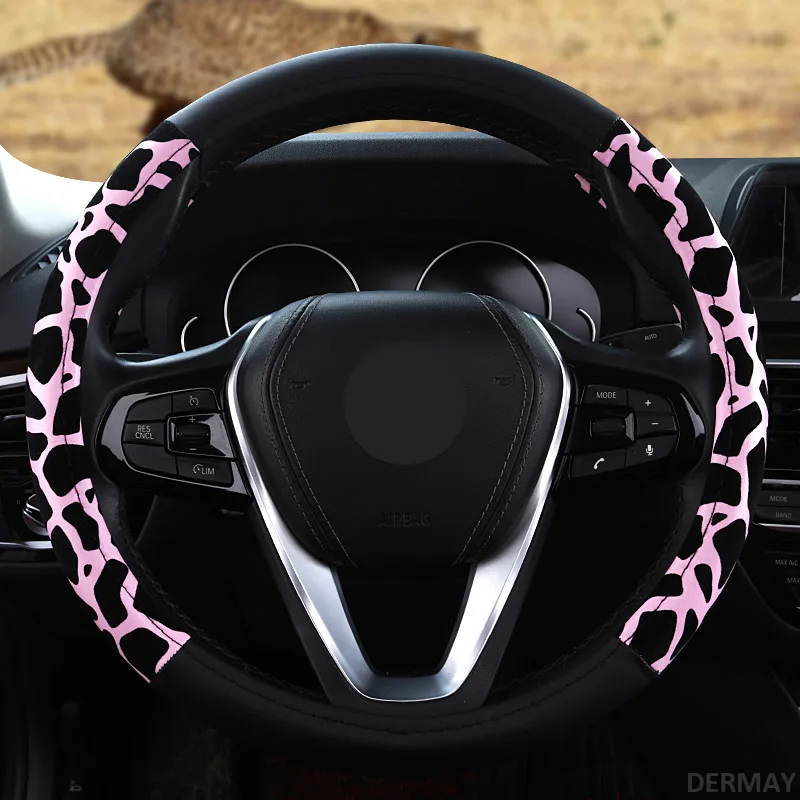 Розовый DERMAY Новая мода Леопардовый принт чехол рулевого колеса автомобиля из искусственной кожи красный синий розовый персонализированные для девочек женские авто аксессуары - Название цвета: Розовый
