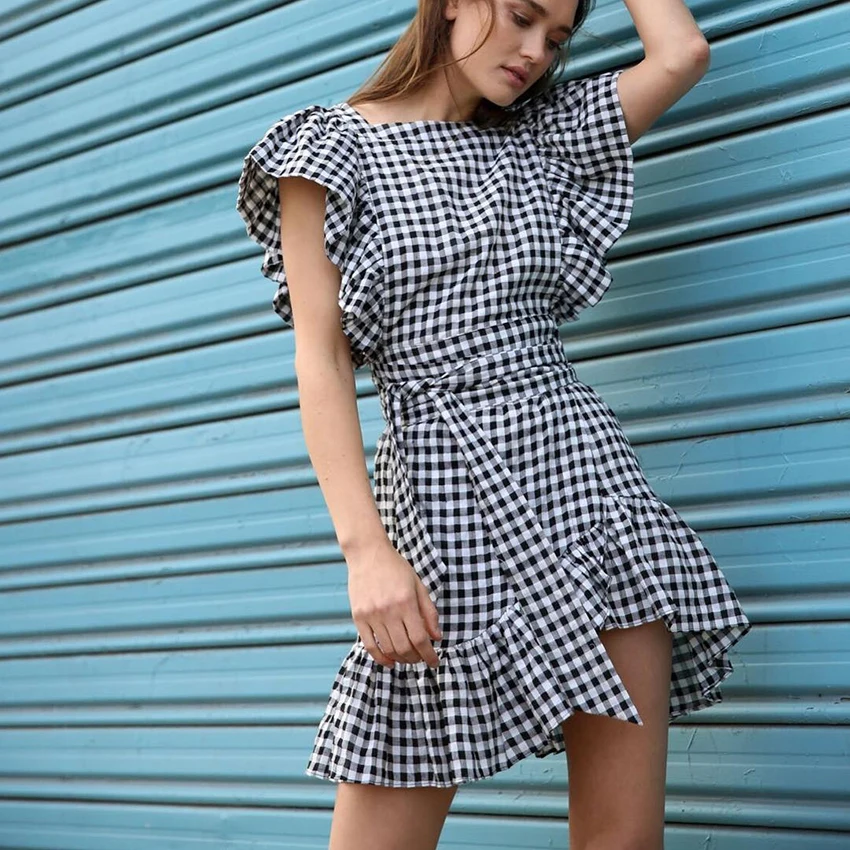 OOTN для женщин черный белый цвет платье в клетку Лето 2018 г. рюшами Мини платья