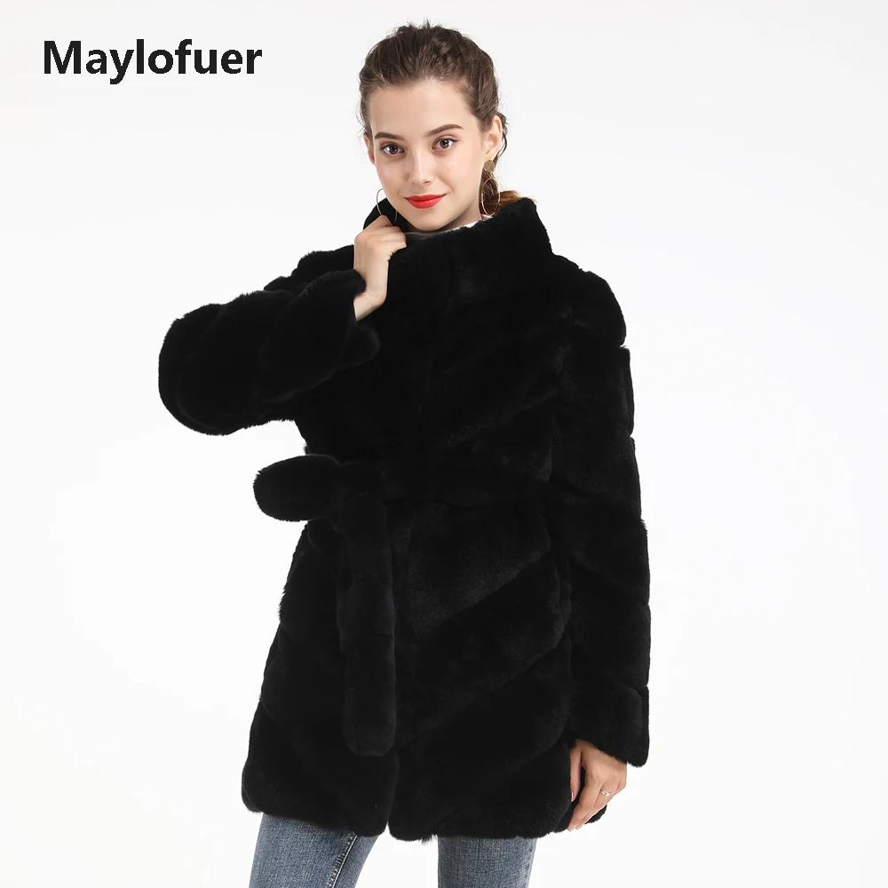 Женское длинное пальто Maylofuer с поясом куртка из гладкого меха шубы в полоску