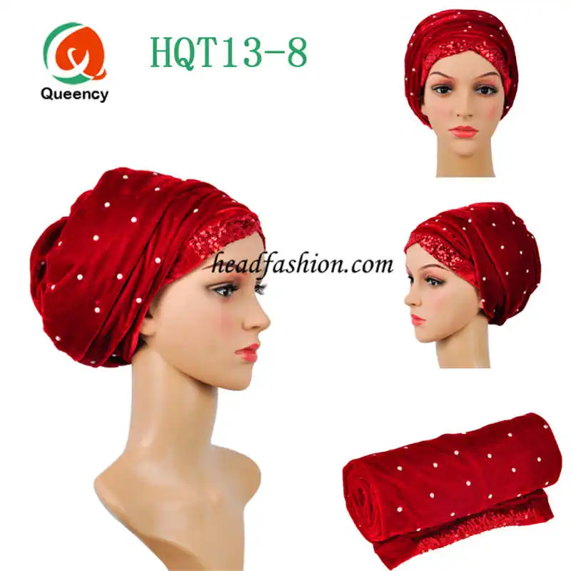 Red HQT13New поступление! Африканский тюрбан геле бусины с блестками тюрбан Width7"* 22" мягкий; разные цвета; Женская повязка на голову геле - Цвет: Red