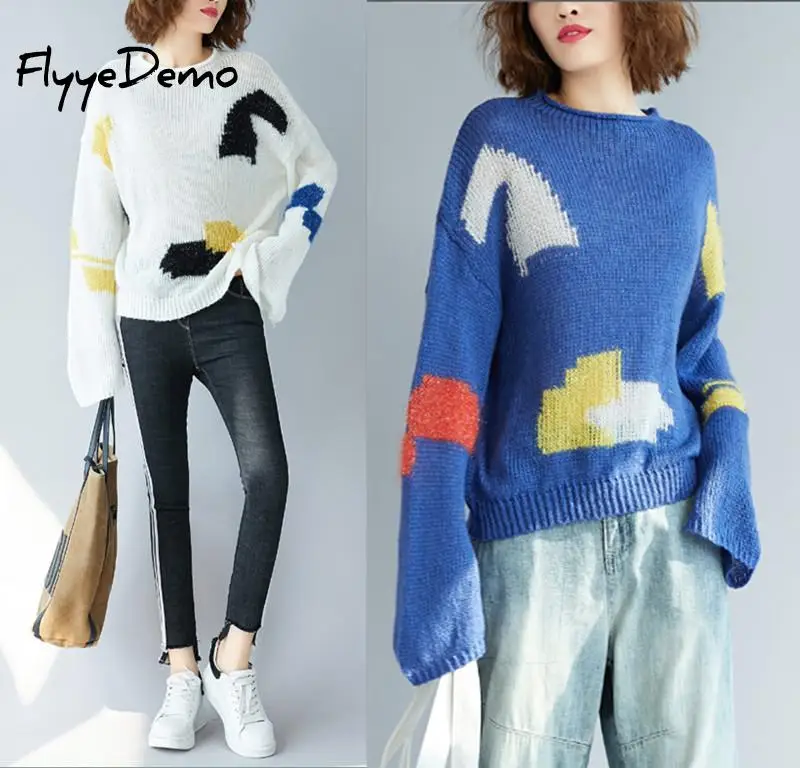 Contrast Color Autumn Sweater Women 2018 Long Sleeve Jumper Loose And Pullover Knitted Female Pull Femme | Женская одежда