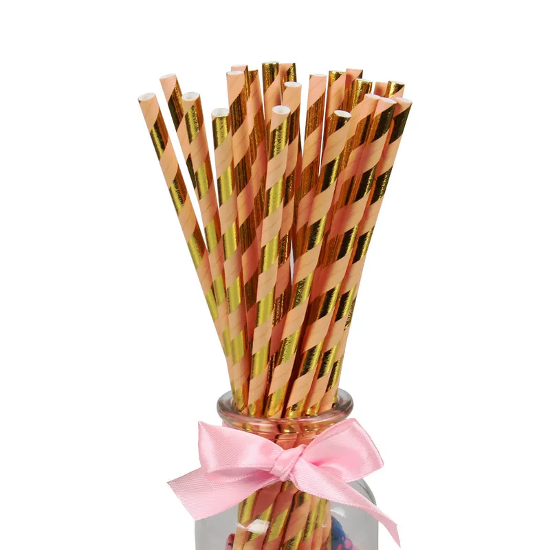 Pink Striped 25 шт бумажная соломинка для питья, Золотая, серебряная соломинка, для мальчиков и девочек, розовый, голубой, для детского душа, украшения, подарок, вечерние принадлежности для мероприятий - Color: Pink Striped