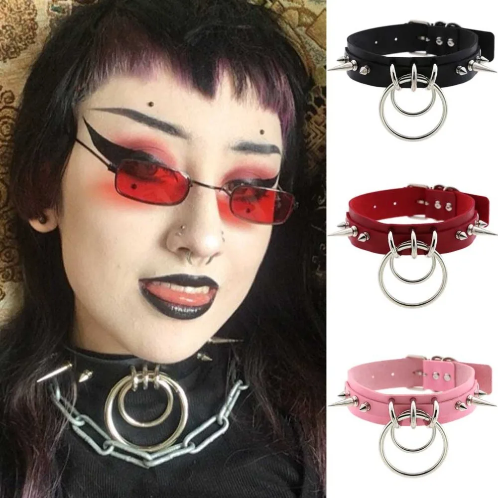 

2019 Black Spike belt collar women O-round pu leather goth choker necklace for women party club chocker gothic jewelry Harajuku