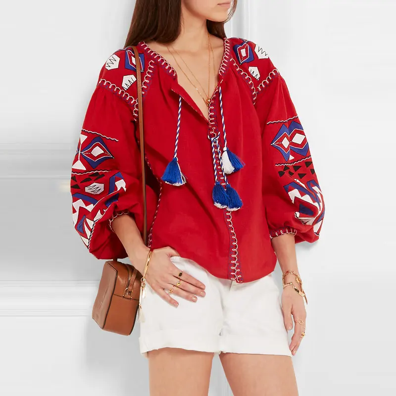 Винтажная блузка в стиле фолк богемный этническом из хлопка и льна с рукавами