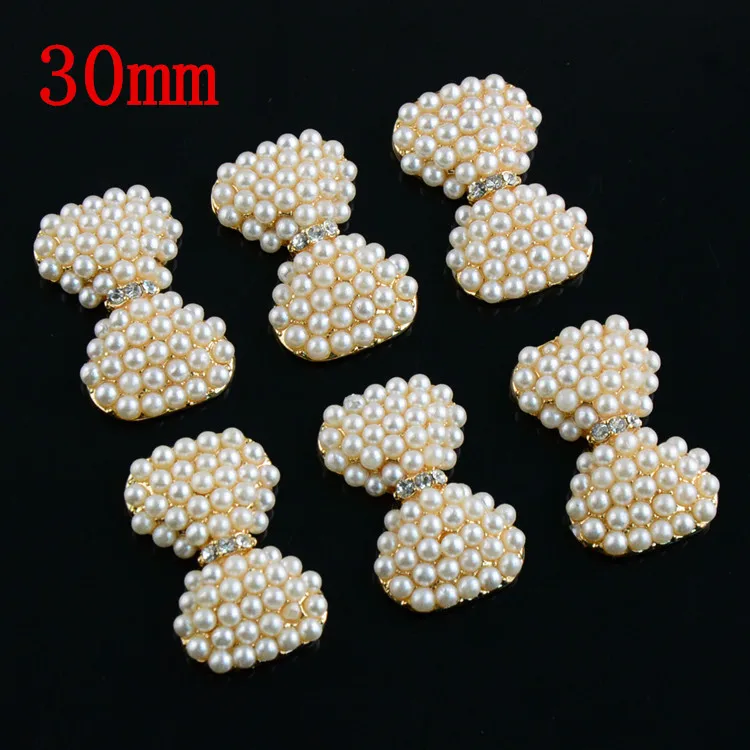 100 шт./лот сплав бант цветы жемчужные пуговицы 30 мм Золотой со стразами для волос