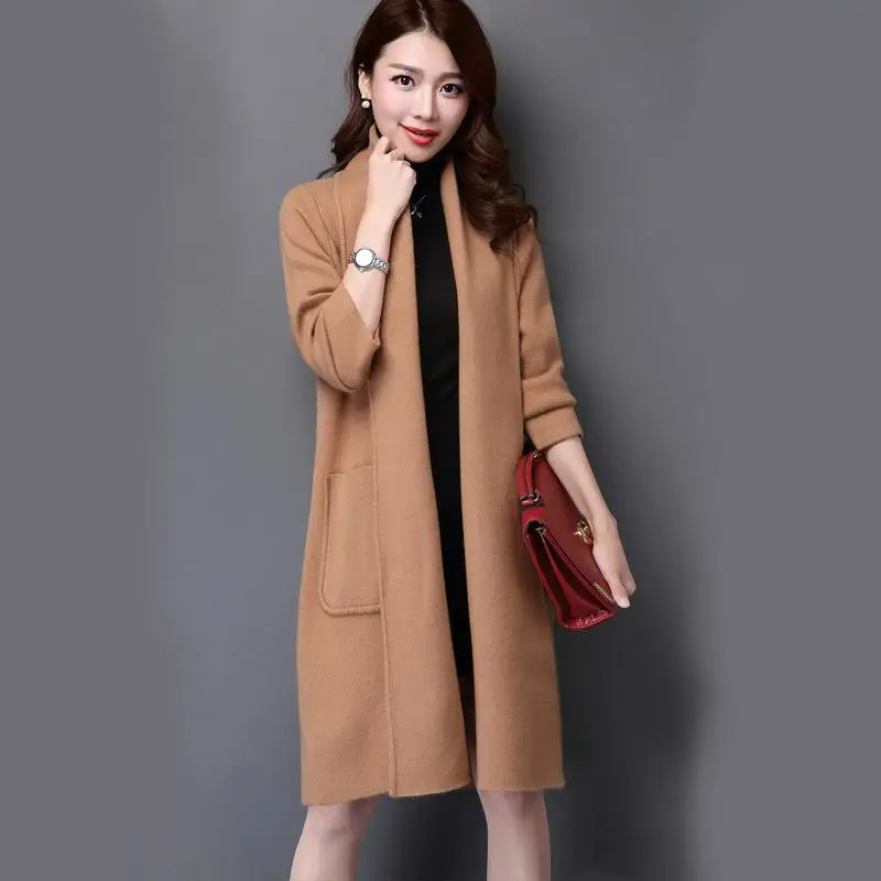 Женский однотонный кардиган с отложным воротником и карманами|sweater coat|womens knitbrand