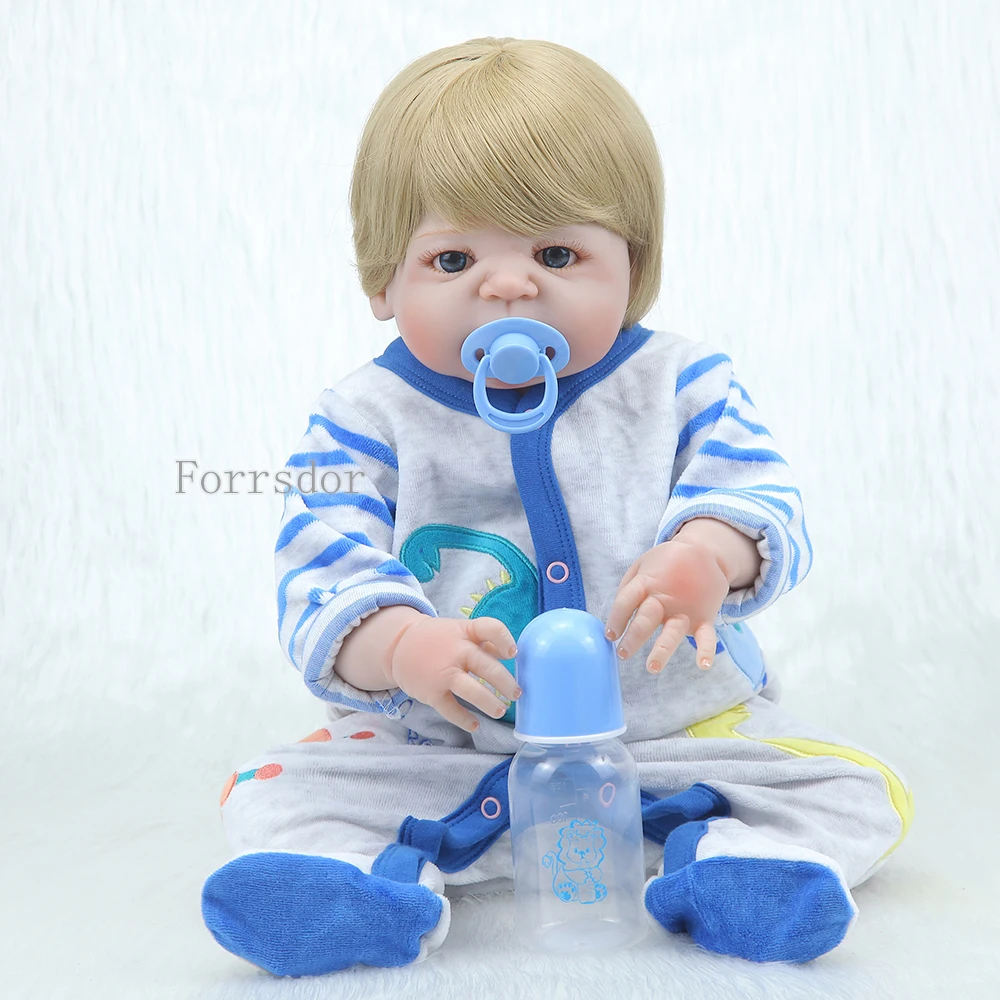 

Forrsdor55cm new short gold hair full silicone newborn Baby with Siamese baby clothes silicone Bonecas Bebe Reborn doll