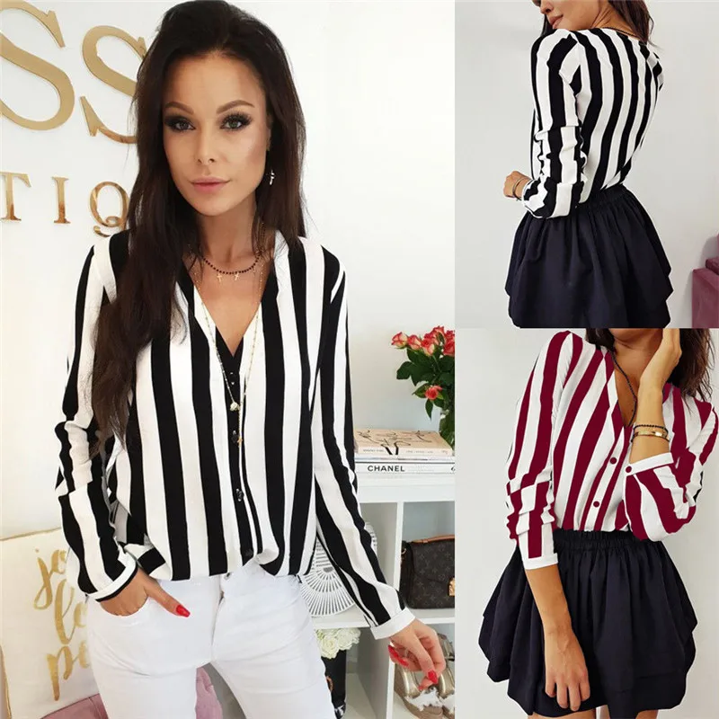 HIRIGIN Womens Casual Cotton Long Sleeve Shirt striped Button Blouse Slim Tops