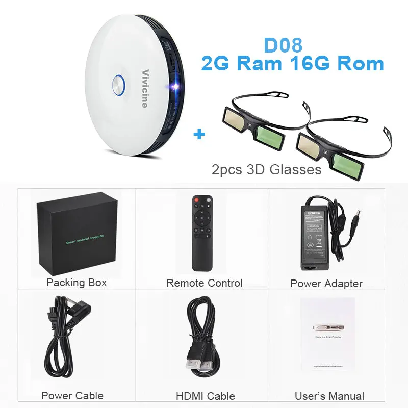 Vivicine 1080p 3D 4K проектор, Android wifi HDMI USB Full HD мини ПК игра домашний кинотеатр проектор 12000 мАч аккумулятор - Цвет: Add 2pcs 3D glasses