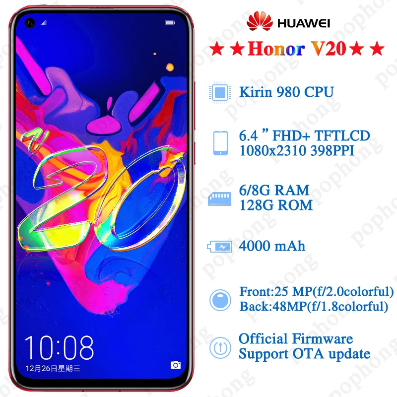 HONOR View 20, Honor V20, 6 ГБ, 128 ГБ, мобильный телефон, 6,4 дюймов, Kirin 980, четыре ядра, Android 9,0, NFC, 4000 мАч