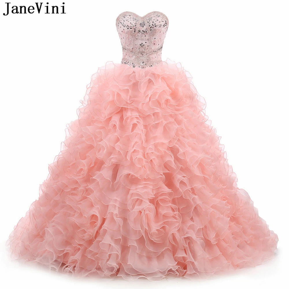 

JaneVini Luxury Pink Prom Dresses Plus Size Long Ball Gown Sweetheart Applique Beaded Ruffles Organza Princess Gowns Gala Jurken