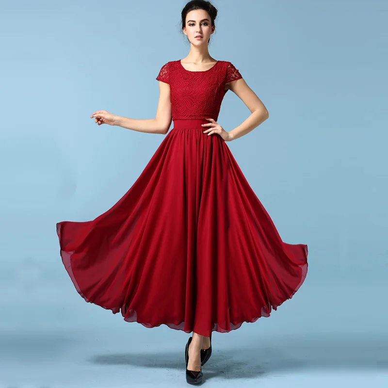 2016 Весна Стиль Женщины Долго Шифона Платье С Коротким Рукавом Тонкий большие