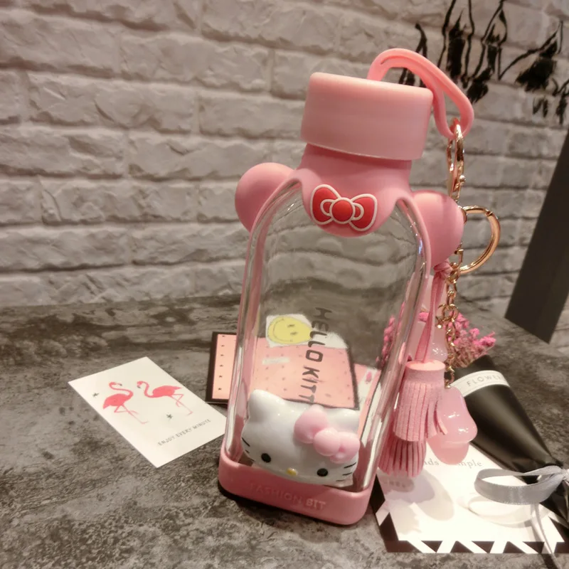 350 мл мультяшная hello kitty плоская фляга для воды мультяшная стеклянная бутылка чашка для воды Анти-обжигающая силиконовая бутылка для чая экологичная
