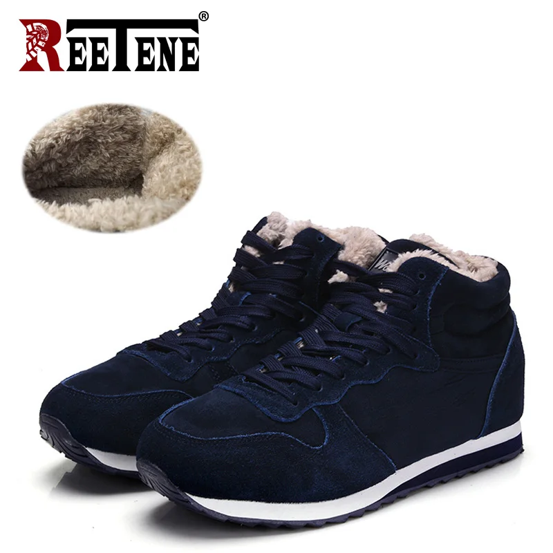 Darkblue REETENE/зимние ботинки; мужская кожаная зимняя обувь; мужские дешевые зимние ботильоны из флока с мехом; мужские кроссовки размера плюс; botas hombre - Цвет: Darkblue