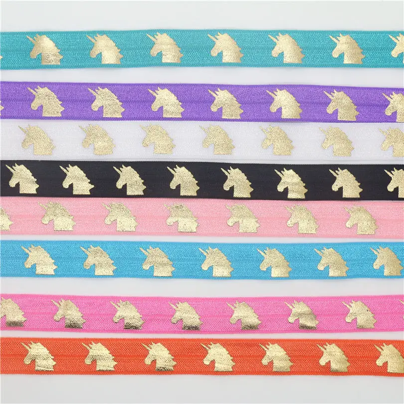 DUWES 5/8'' Free shipping gold foil unicorn printed Fold Elastic FOE headband headwear hairband decoration OEM D644 | Дом и сад