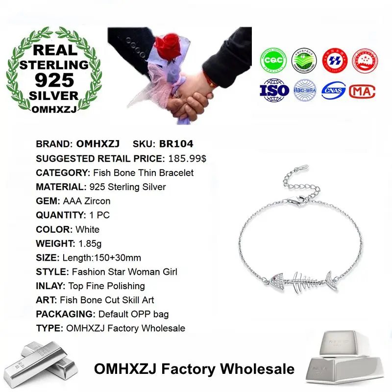 OMHXZJ Wholesale Personality Fashion OL Woman Girl Party Gift White Fish Bone Zircon Thin 925 Sterling Silver Bracelet BR104 | Украшения и