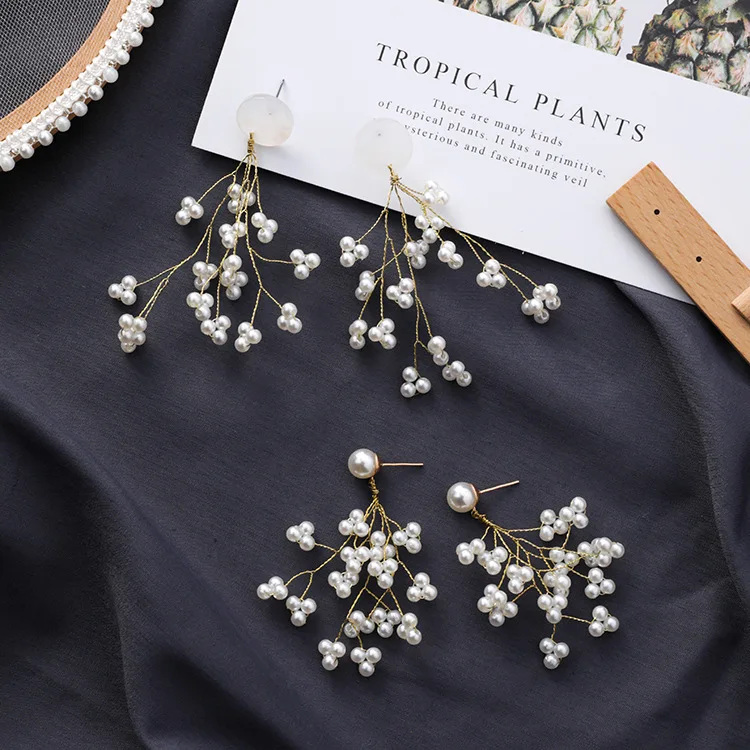 Latest Design Minimalism Gold Color Long Branches Pearls Drop Earrings For Women Ladies Chic Blossom Pearl Flower Dangle Earring