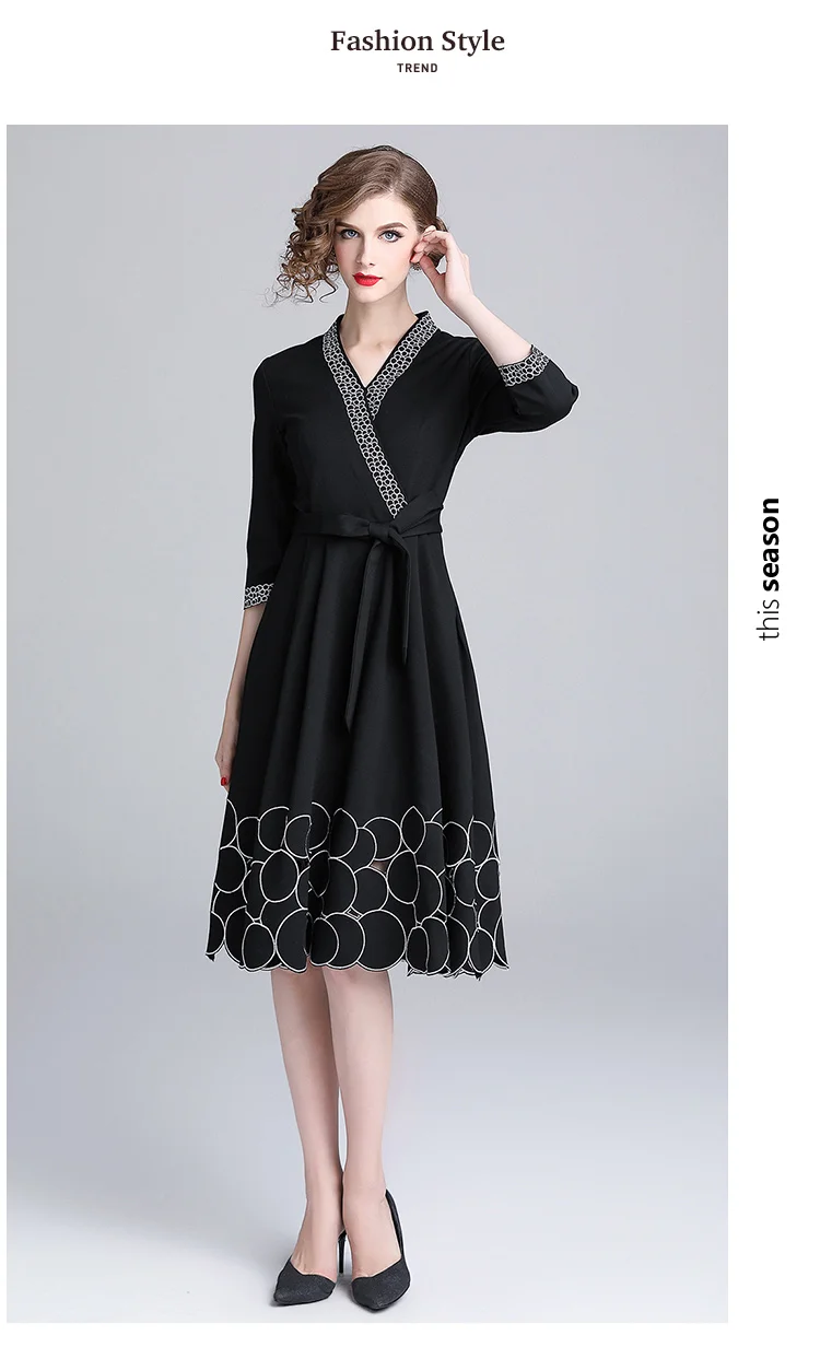 Осеннее черное платье с v-образным вырезом и вышивкой, Vestido Invierno Mujer,, миди, офисные, вечерние, женские платья, Robe Femme Dames Jurken K7356