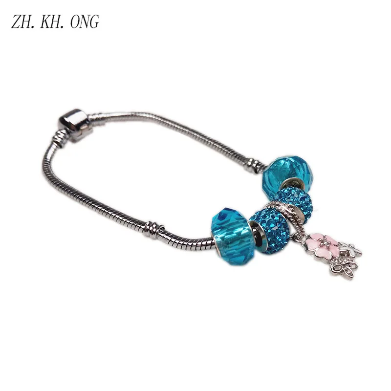 Ж. KH. ong 2017 простой серебряный шарм браслет и с цветком кулон сердце Синий Розовый