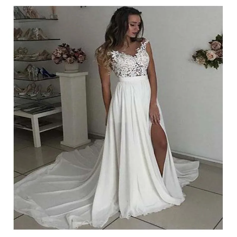 

smileven Side Split Wedding Dress Zipper Back Appliques Chiffon Vestidos de novia 2019 Bridal Dress Sleeveless Wedding Gowns